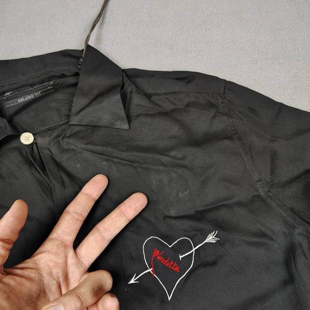 ALL SAINTS Button Up Camp Shirt Men Medium Black Embroidered Vendetta Loop Colla - Picture 8 of 8